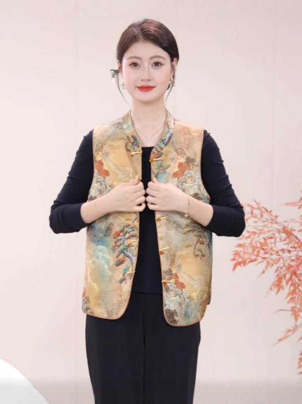 Vestă pentru femei în stil chinezesc, design literar retro, cu cataramă la guler, toamnă 2025, poliester >95%, lungime standard 50–65 cm