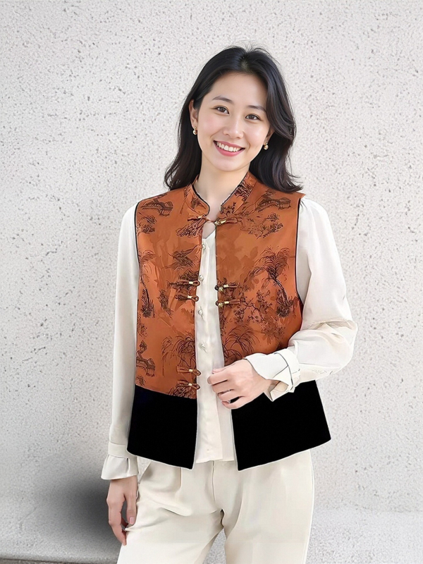 Vestă pentru femei în stil chinezesc, design literar retro, cu cataramă la guler, toamnă 2025, poliester >95%, lungime standard 50–65 cm