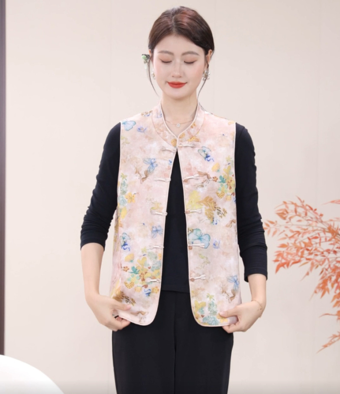 Vestă pentru femei în stil chinezesc, design literar retro, cu cataramă la guler, toamnă 2025, poliester >95%, lungime standard 50–65 cm