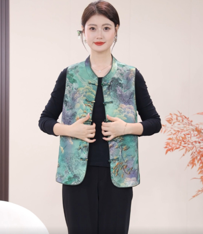 Vestă pentru femei în stil chinezesc, design literar retro, cu cataramă la guler, toamnă 2025, poliester >95%, lungime standard 50–65 cm