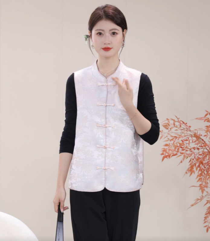 Vestă pentru femei în stil chinezesc, design literar retro, cu cataramă la guler, toamnă 2025, poliester >95%, lungime standard 50–65 cm