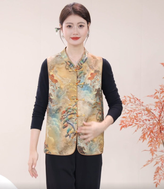 Vestă pentru femei în stil chinezesc, design literar retro, cu cataramă la guler, toamnă 2025, poliester >95%, lungime standard 50–65 cm
