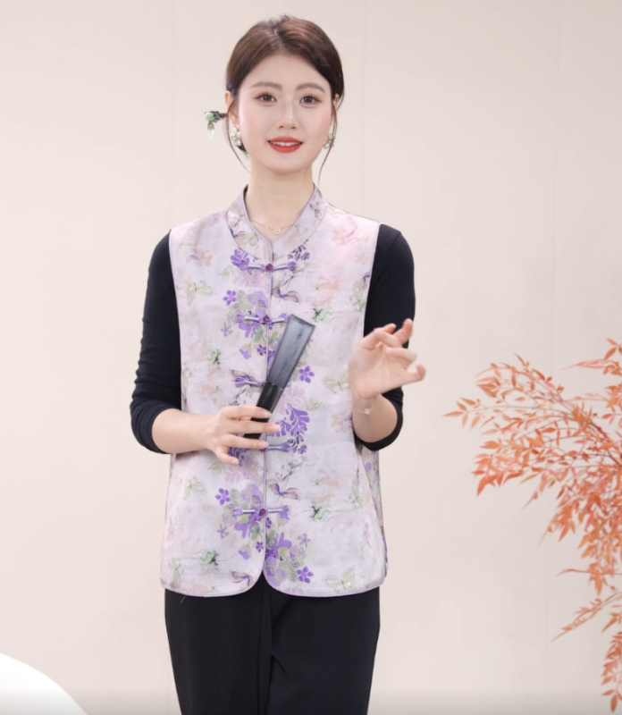 Vestă pentru femei în stil chinezesc, design literar retro, cu cataramă la guler, toamnă 2025, poliester >95%, lungime standard 50–65 cm