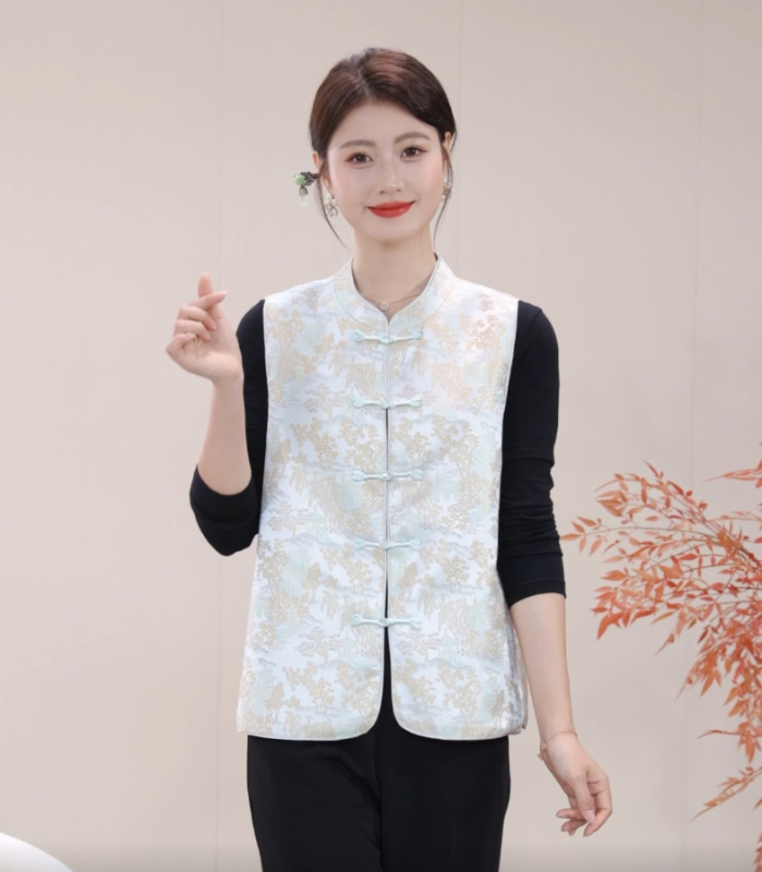 Vestă pentru femei în stil chinezesc, design literar retro, cu cataramă la guler, toamnă 2025, poliester >95%, lungime standard 50–65 cm