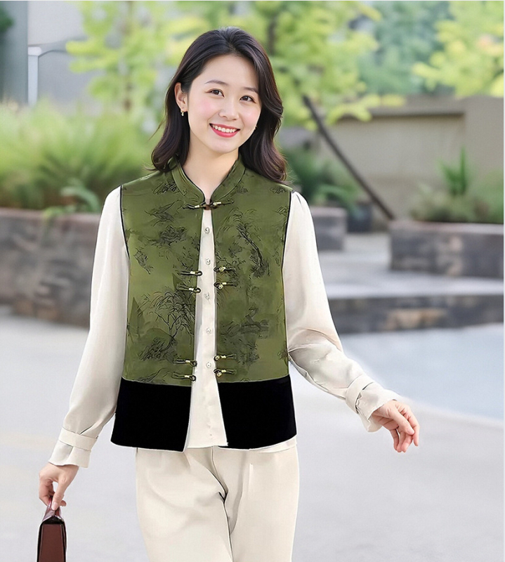 Vestă pentru femei în stil chinezesc, design literar retro, cu cataramă la guler, toamnă 2025, poliester >95%, lungime standard 50–65 cm