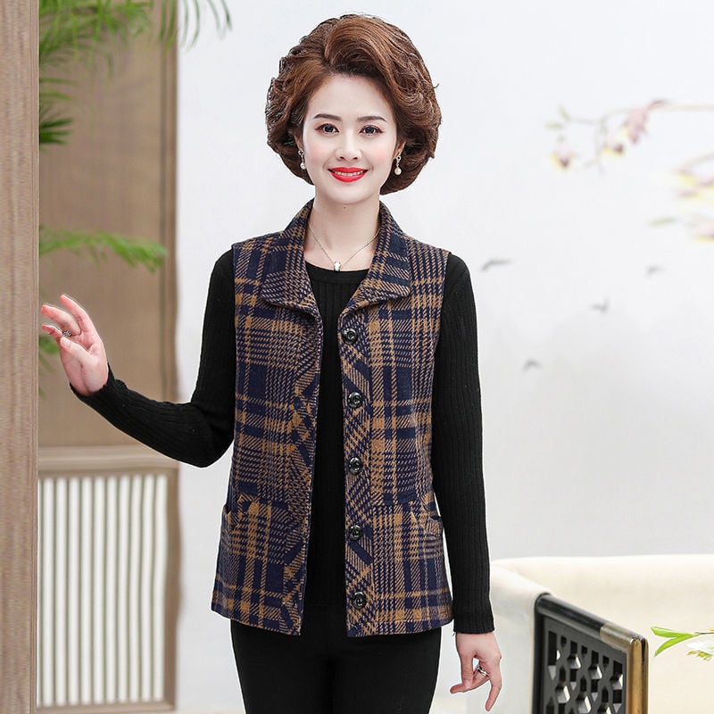 Női mellény kockás mintával, galléros, karcsúsított szabás, 95% poliészter, elöl gombos zárás és több csattal, városi stílus