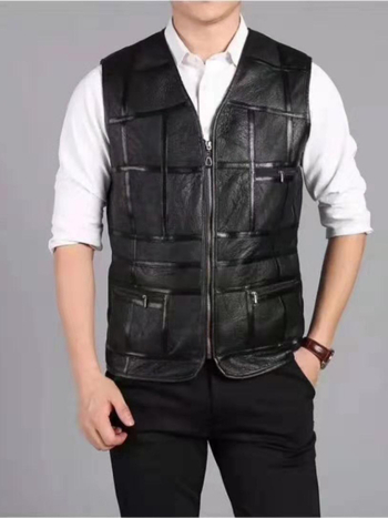 Férfi báránybőrből készült mellény, pamut bélés, V-nyak, cipzár