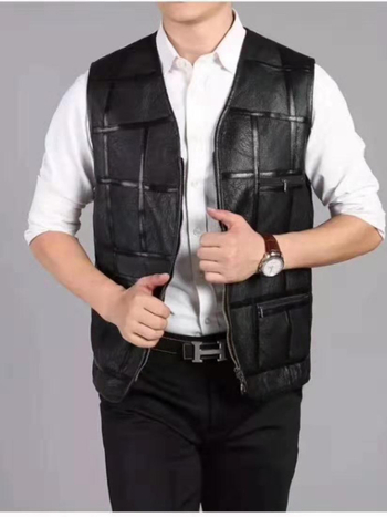 Férfi báránybőrből készült mellény, pamut bélés, V-nyak, cipzár