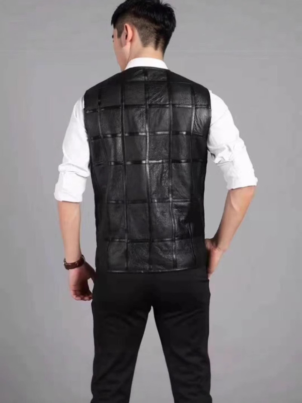 Férfi báránybőrből készült mellény, pamut bélés, V-nyak, cipzár