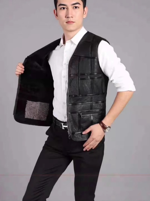 Férfi báránybőrből készült mellény, pamut bélés, V-nyak, cipzár