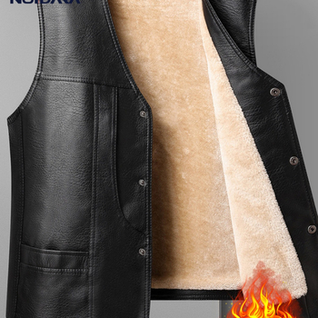 Vesta din piele pentru bărbați, cu glugă, căptușită cu fleece și groasă, guler în V, închidere dublă, model dungat