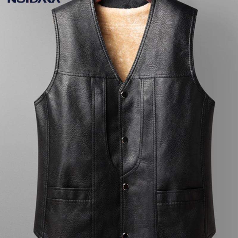 Vesta din piele pentru bărbați, cu glugă, căptușită cu fleece și groasă, guler în V, închidere dublă, model dungat