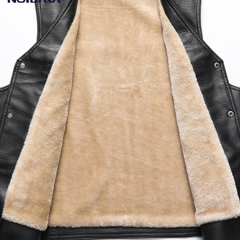 Vesta din piele pentru bărbați, cu glugă, căptușită cu fleece și groasă, guler în V, închidere dublă, model dungat