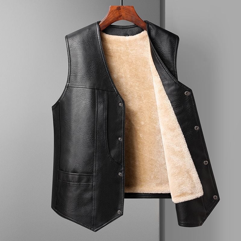 Vesta din piele pentru bărbați, cu glugă, căptușită cu fleece și groasă, guler în V, închidere dublă, model dungat