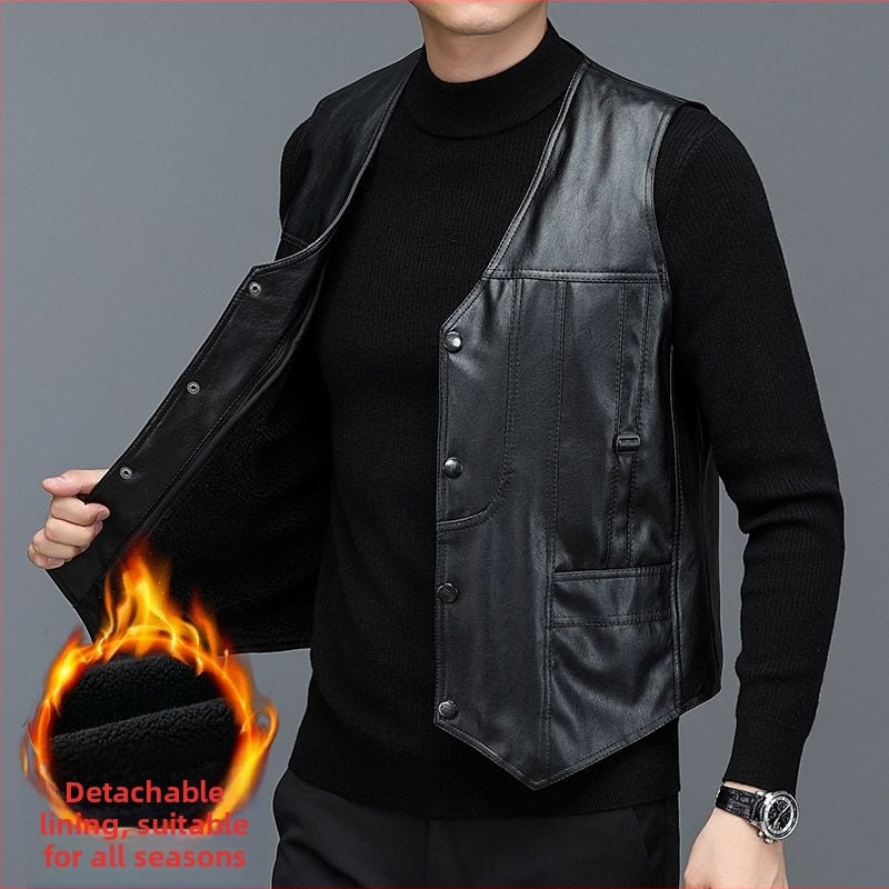 Vesta din piele pentru bărbați, cu glugă, căptușită cu fleece și groasă, guler în V, închidere dublă, model dungat