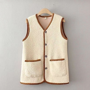 Ženski Sherpa fleece vest, gradski komutacijski stil, standardna duljina 50–65 cm, V-izrez, poliester