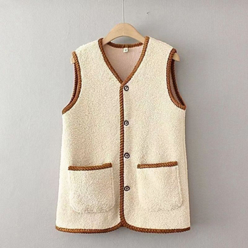 Ženski Sherpa fleece vest, gradski komutacijski stil, standardna duljina 50–65 cm, V-izrez, poliester