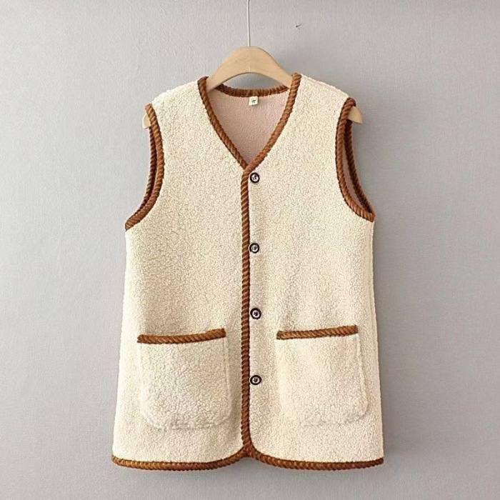 Ženski Sherpa fleece vest, gradski komutacijski stil, standardna duljina 50–65 cm, V-izrez, poliester