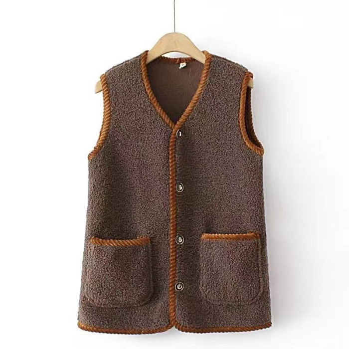 Ženski Sherpa fleece vest, gradski komutacijski stil, standardna duljina 50–65 cm, V-izrez, poliester