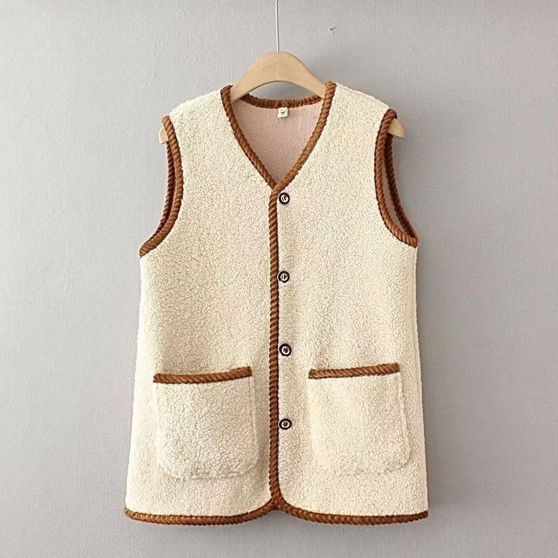 Ženski Sherpa fleece vest, gradski komutacijski stil, standardna duljina 50–65 cm, V-izrez, poliester