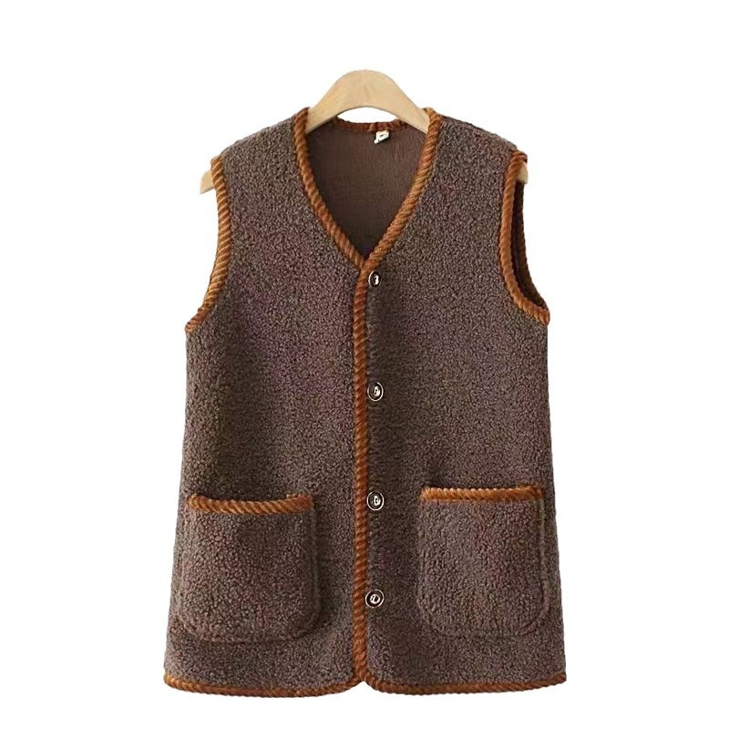 Ženski Sherpa fleece vest, gradski komutacijski stil, standardna duljina 50–65 cm, V-izrez, poliester