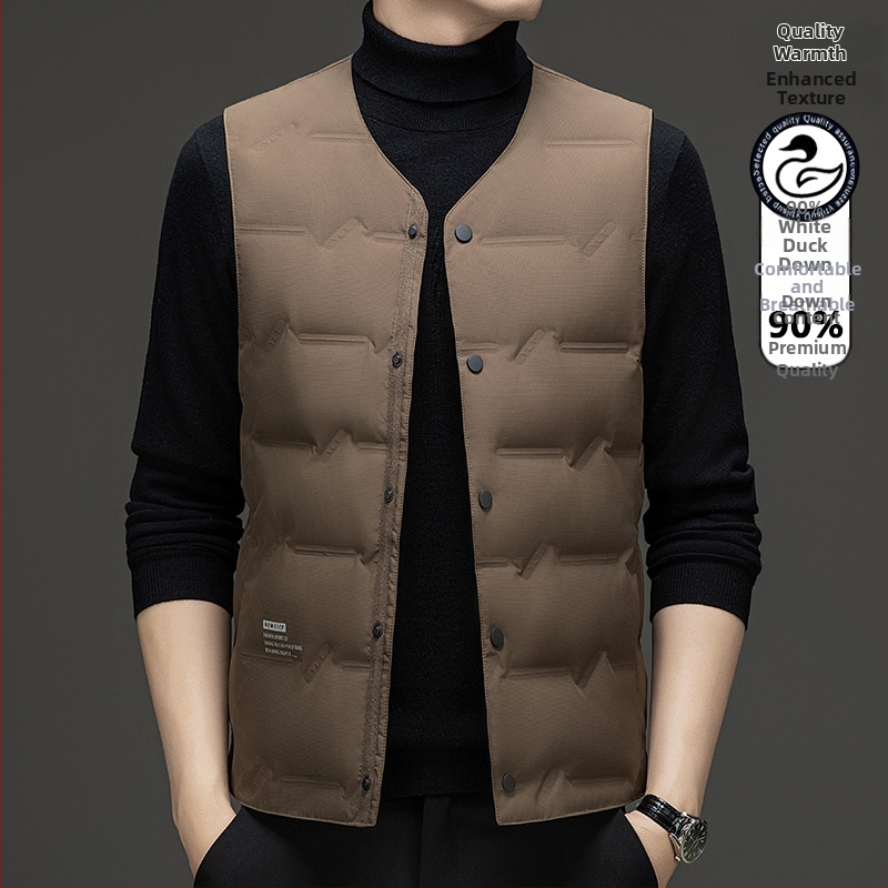 Vesta bărbătească din puf cu guler în V, gros pentru toamnă-iarna, 86–90% puf de rață, căptușeală poliester