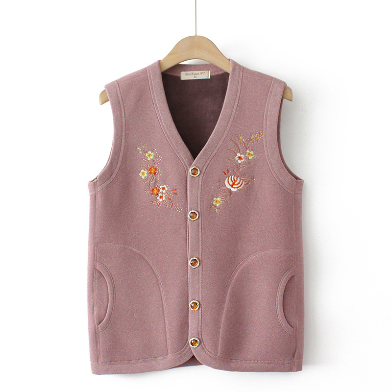 Vestă pentru femei de vârstă mijlocie și în vârstă, toamnă–iarna, căptușită cu catifea, caldă, brodată, fără mâneci, stil elegant de oraș