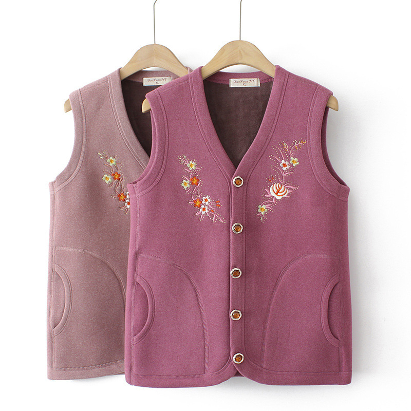 Vestă pentru femei de vârstă mijlocie și în vârstă, toamnă–iarna, căptușită cu catifea, caldă, brodată, fără mâneci, stil elegant de oraș