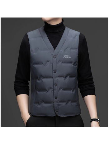 Vesta masculină din puf, guler în V, închidere cu nasturi, umplură din puf de rață alb, material principal poliester, căptușeală poliester, croială Slim, sezon toamnă-iarnă