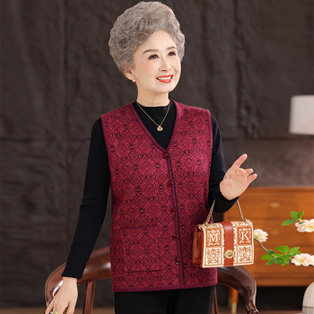 Vestă de iarnă pentru femei în vârstă, stil etnic, țesătură plasă, poliester până la 30%, imprimeu cu plante și flori