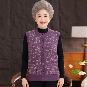 Vestă de iarnă pentru femei în vârstă, stil etnic, țesătură plasă, poliester până la 30%, imprimeu cu plante și flori