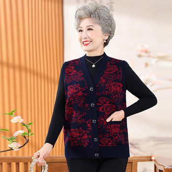 Vestă de iarnă pentru femei în vârstă, stil etnic, țesătură plasă, poliester până la 30%, imprimeu cu plante și flori