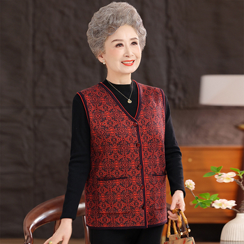 Vestă de iarnă pentru femei în vârstă, stil etnic, țesătură plasă, poliester până la 30%, imprimeu cu plante și flori