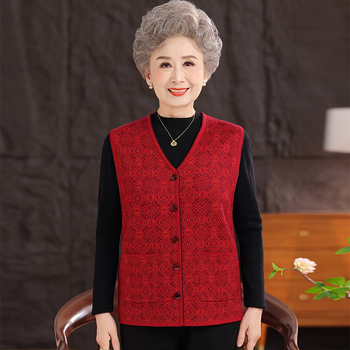 Vestă de iarnă pentru femei în vârstă, stil etnic, țesătură plasă, poliester până la 30%, imprimeu cu plante și flori