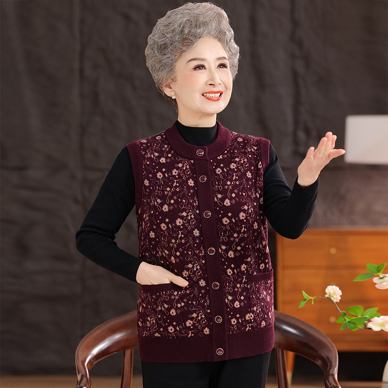 Vestă de iarnă pentru femei în vârstă, stil etnic, țesătură plasă, poliester până la 30%, imprimeu cu plante și flori