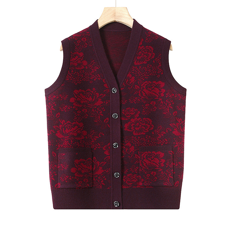 Vestă de iarnă pentru femei în vârstă, stil etnic, țesătură plasă, poliester până la 30%, imprimeu cu plante și flori