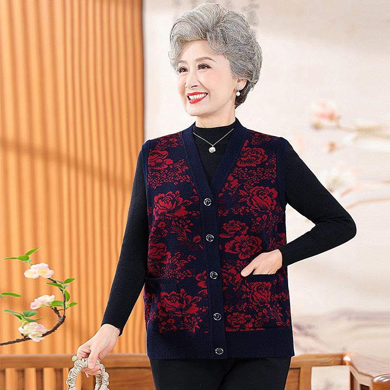 Vestă de iarnă pentru femei în vârstă, stil etnic, țesătură plasă, poliester până la 30%, imprimeu cu plante și flori