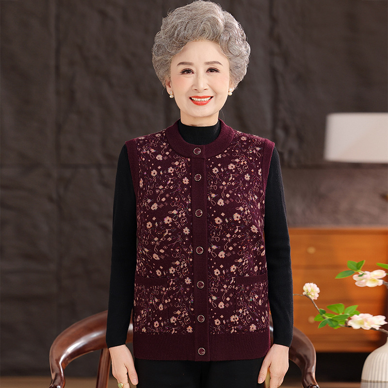 Vestă de iarnă pentru femei în vârstă, stil etnic, țesătură plasă, poliester până la 30%, imprimeu cu plante și flori