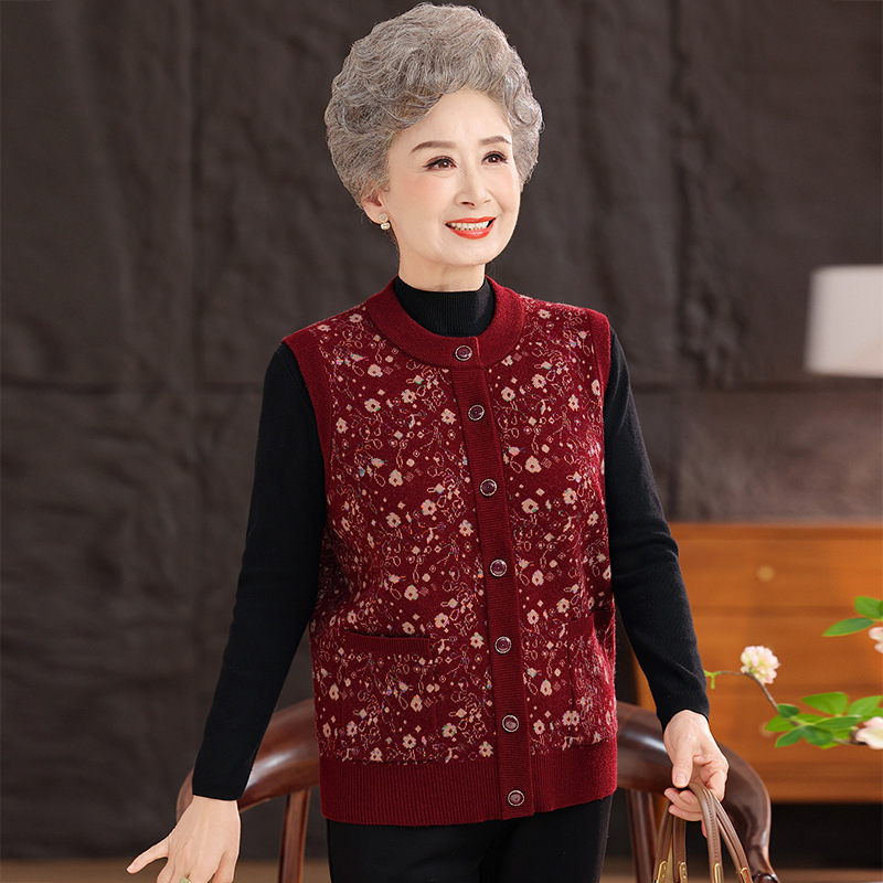 Vestă de iarnă pentru femei în vârstă, stil etnic, țesătură plasă, poliester până la 30%, imprimeu cu plante și flori