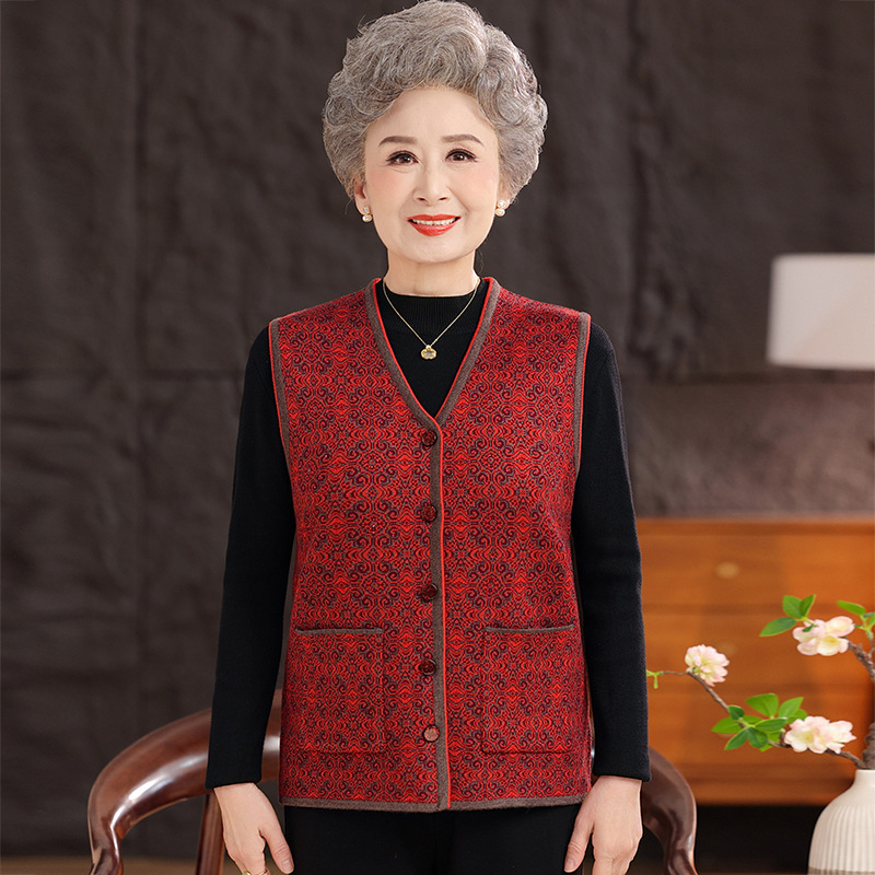 Vestă de iarnă pentru femei în vârstă, stil etnic, țesătură plasă, poliester până la 30%, imprimeu cu plante și flori