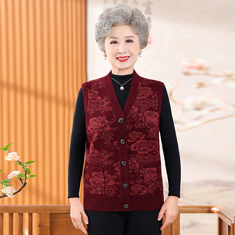 Vestă de iarnă pentru femei în vârstă, stil etnic, țesătură plasă, poliester până la 30%, imprimeu cu plante și flori