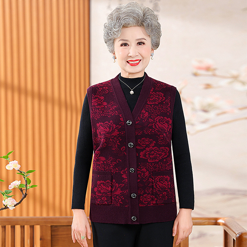 Vestă de iarnă pentru femei în vârstă, stil etnic, țesătură plasă, poliester până la 30%, imprimeu cu plante și flori