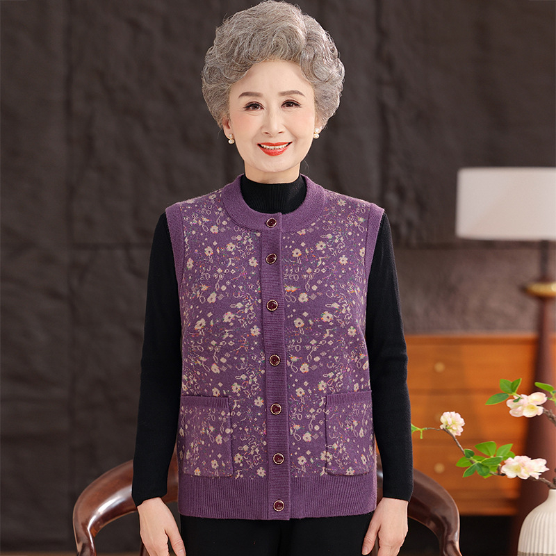 Vestă de iarnă pentru femei în vârstă, stil etnic, țesătură plasă, poliester până la 30%, imprimeu cu plante și flori