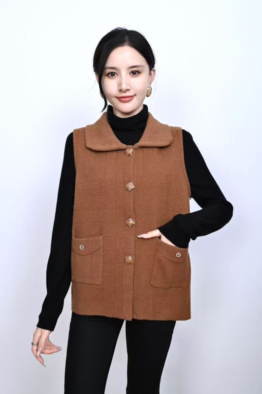 Vestă cu model geometric – amestec din nailon și poliester (Nailon 50–70%, Poliester ≤30%) – stil casual, în stil japonez și coreean – lungime standardă 50–65 cm – toamnă 2025 – pentru persoane de vârstă mijlocie și vârstnici