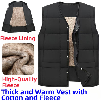 Férfi poliészter mellény fleece béléssel, minimalista stílus, egyenes szabás, egy sor gombbal, kapucni nélkül, 100% poliészter