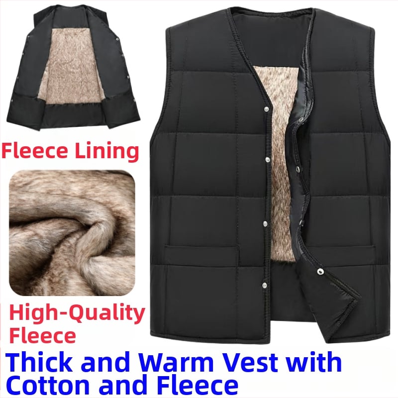 Férfi poliészter mellény fleece béléssel, minimalista stílus, egyenes szabás, egy sor gombbal, kapucni nélkül, 100% poliészter