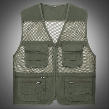 Férfi pamut mellény lyukasztott mintával, vékony nyári viselet, sok zseb, áteresztő hálós anyag, V-nyakú cipzárral