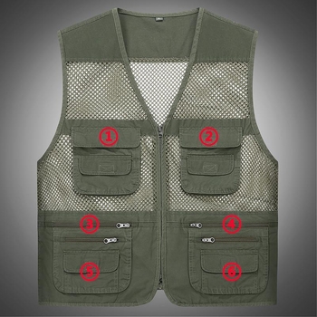 Férfi pamut mellény lyukasztott mintával, vékony nyári viselet, sok zseb, áteresztő hálós anyag, V-nyakú cipzárral