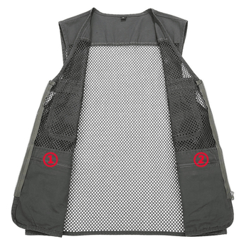 Férfi pamut mellény lyukasztott mintával, vékony nyári viselet, sok zseb, áteresztő hálós anyag, V-nyakú cipzárral