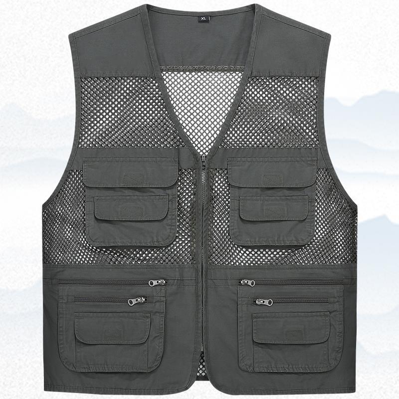 Férfi pamut mellény lyukasztott mintával, vékony nyári viselet, sok zseb, áteresztő hálós anyag, V-nyakú cipzárral